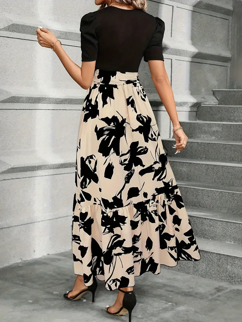 Women's Modern Printed Botanical Patterns Maxi Dress with Waist Belt and Crew Neckline