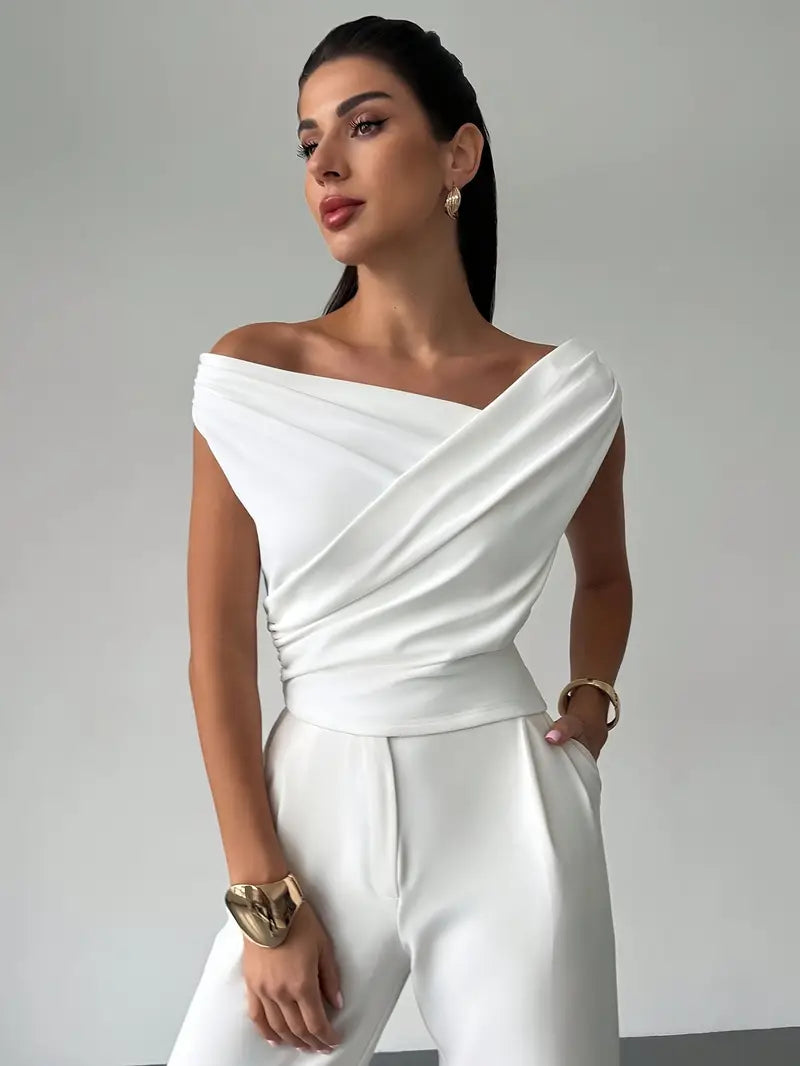 Women's Elegant Draped Shoulder Top with Round-Neckline