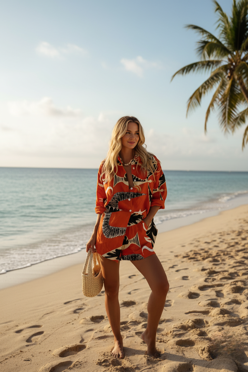 Women's Stylish Rhythm Printed Shirt Set with Practical Pockets