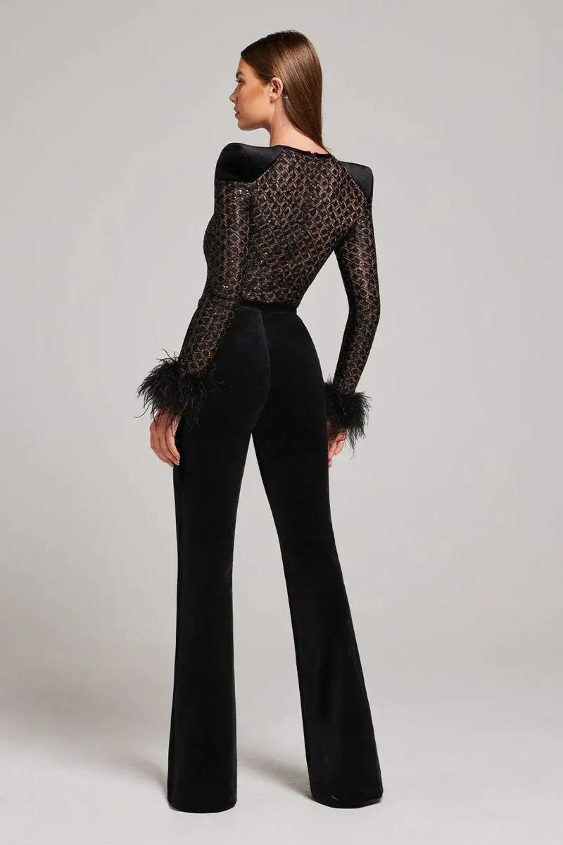 Clamira | Women’s Flared Velvet Evening Jumpsuit