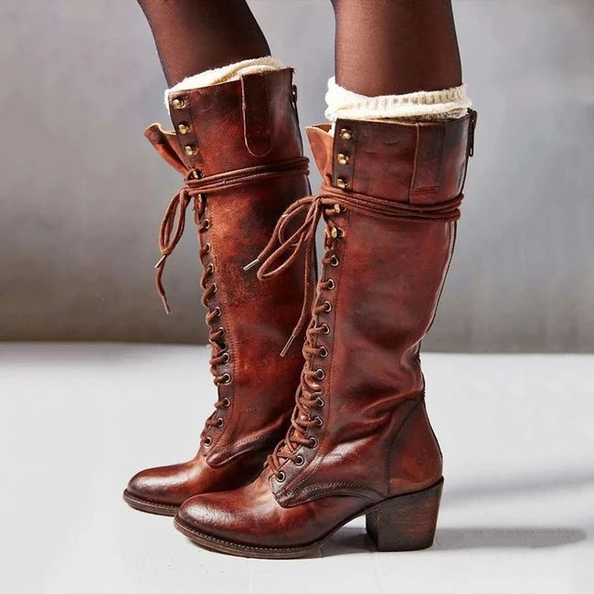 Women’s Block Heel Boots Lace-Up Knee-High Style