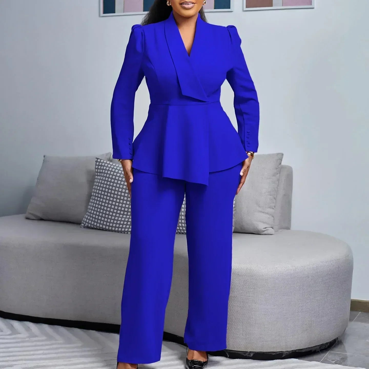 Women’s Formal Suit Set Tailored Long Blazer & Wide-Leg Trousers