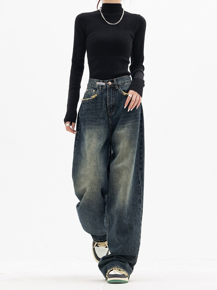 Fashion Streetwear Blue Grey Baggy Jeans for Women