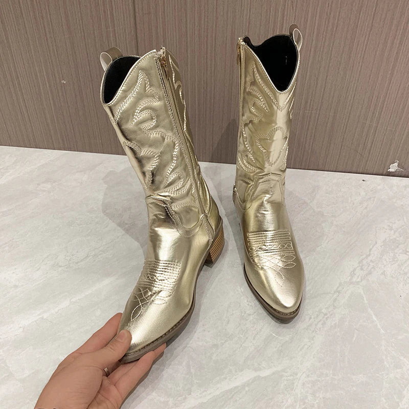 Women's Modern Embroidered Mid-Calf Cowboy Boots with Practical Side Zipper