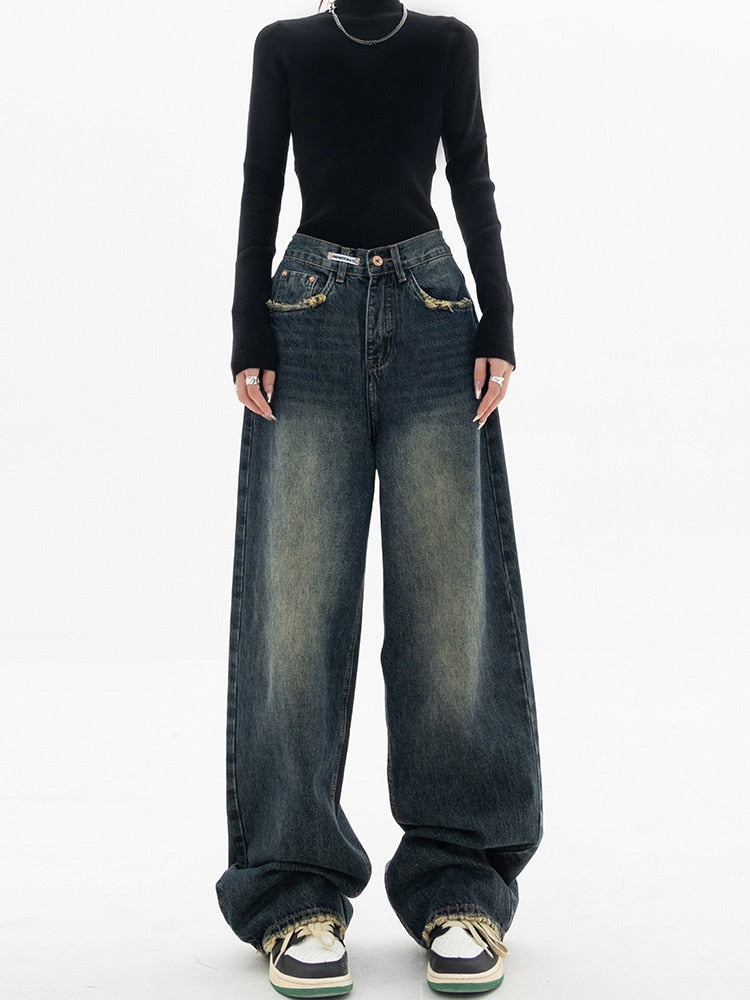 Fashion Streetwear Blue Grey Baggy Jeans for Women