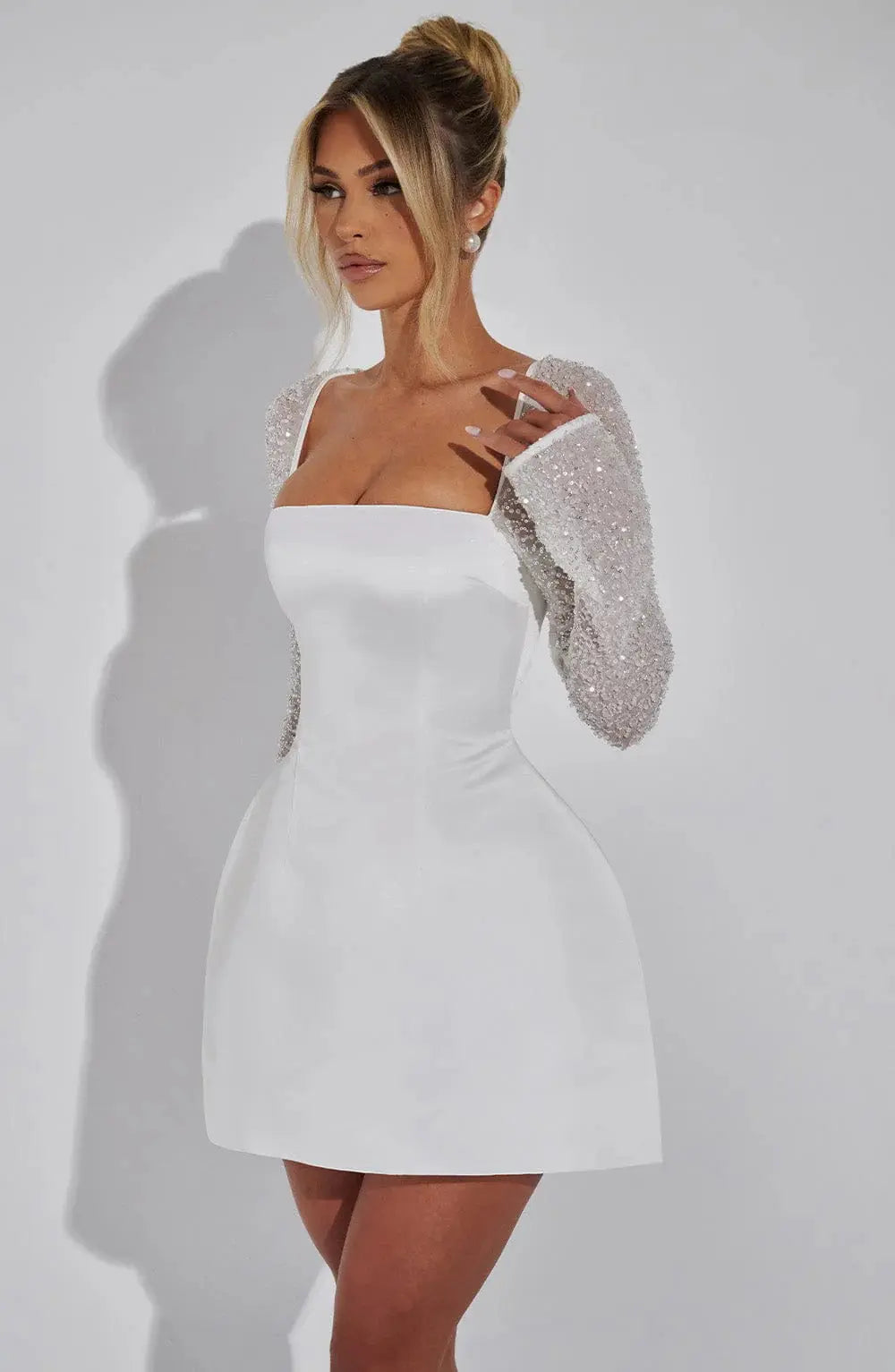 Pearly | Women’s Satin Mini Dress with Sheer Embellished Sleeves