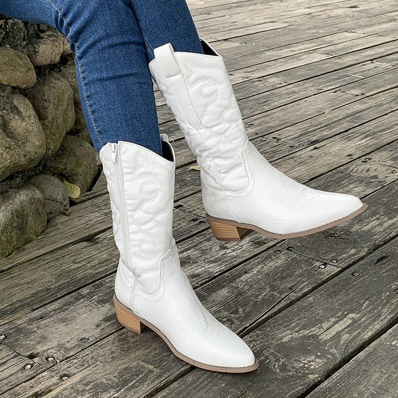 Women's Modern Embroidered Mid-Calf Cowboy Boots with Practical Side Zipper