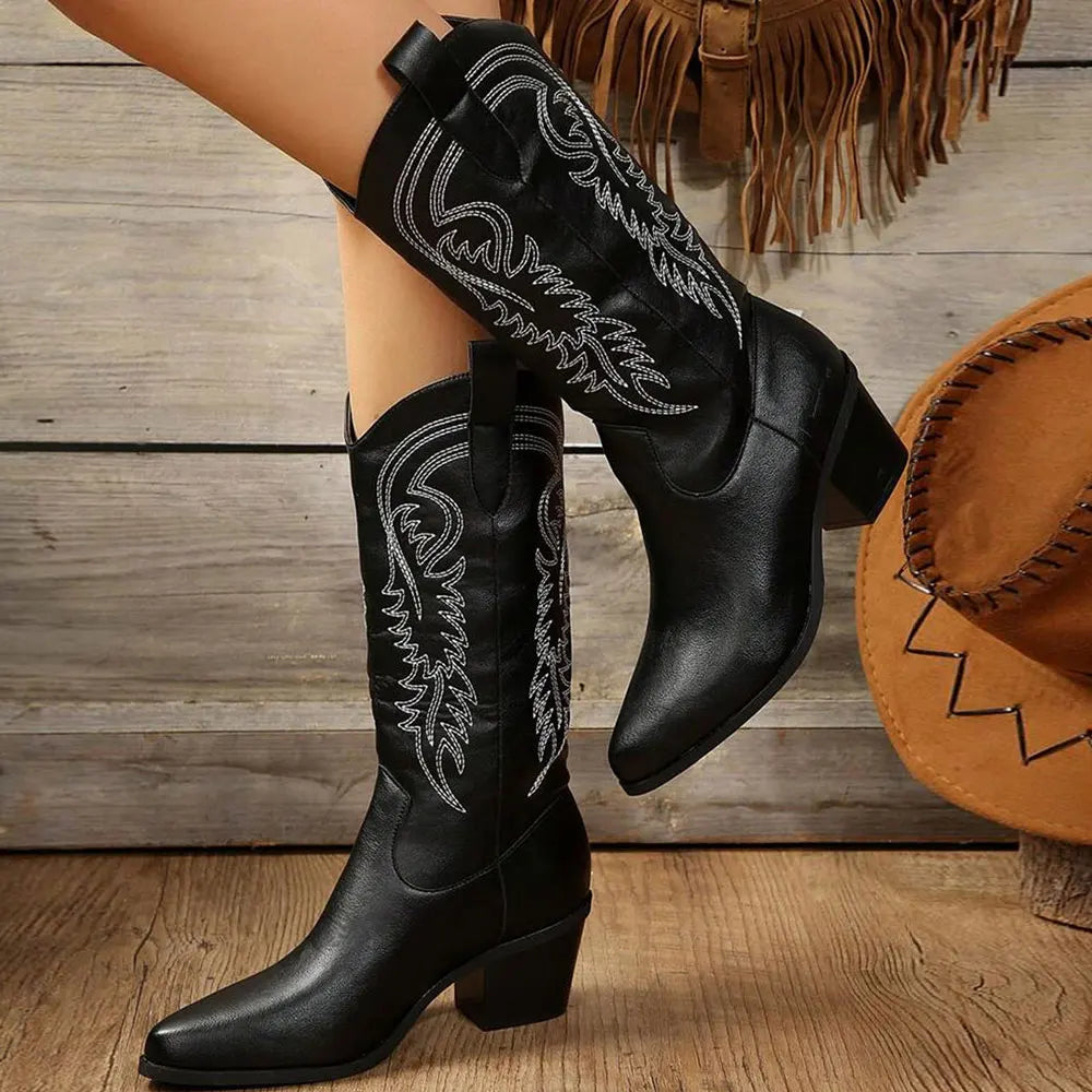 Fashion Outdoor Embroidered Mid-Calf Block Heel Cowboy Boots for Women