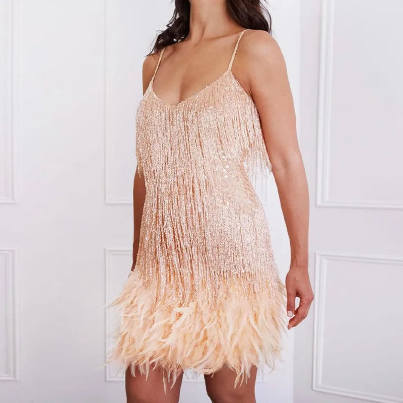 Women’s Celebration Elegance Party Cocktail Dress with Fringe Feathers