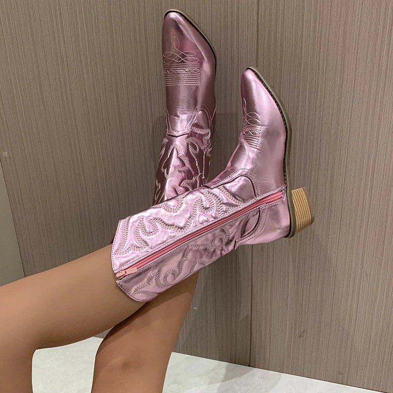 Women's Modern Embroidered Mid-Calf Cowboy Boots with Practical Side Zipper