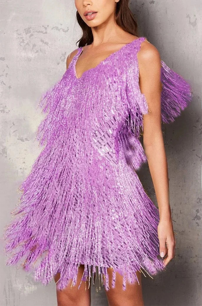 Women's Cocktail Fringe Trim Dress Evening Party Style