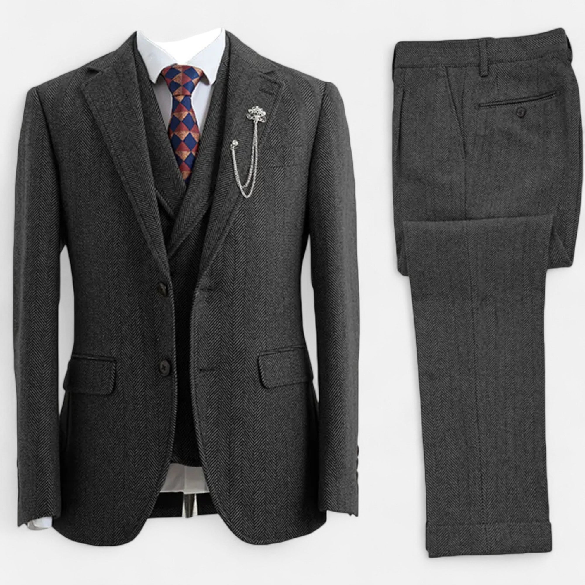 Men’s Tweed Herringbone Formal Business Suit - Complete 3-Pieces Set