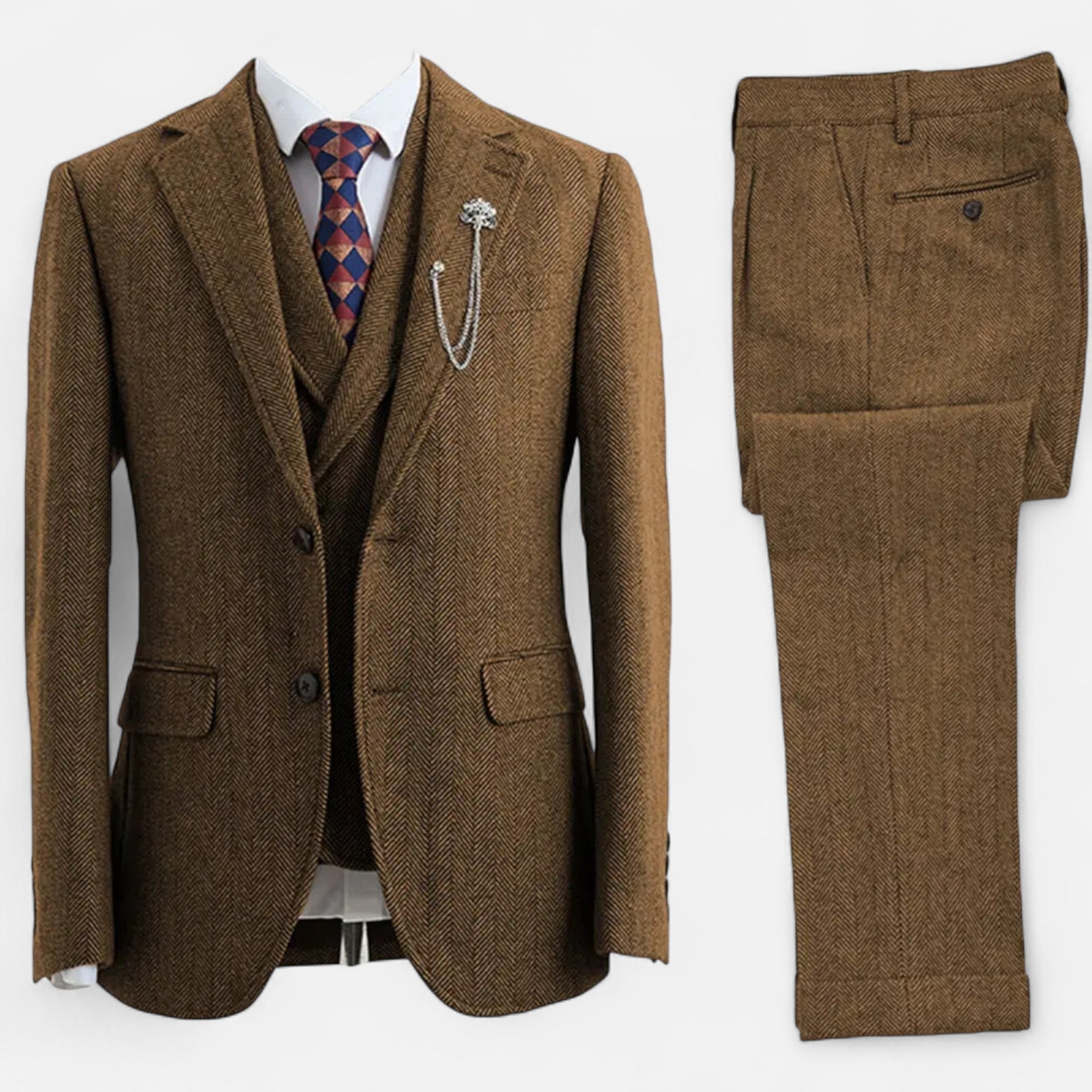 Men’s Tweed Herringbone Formal Business Suit - Complete 3-Pieces Set