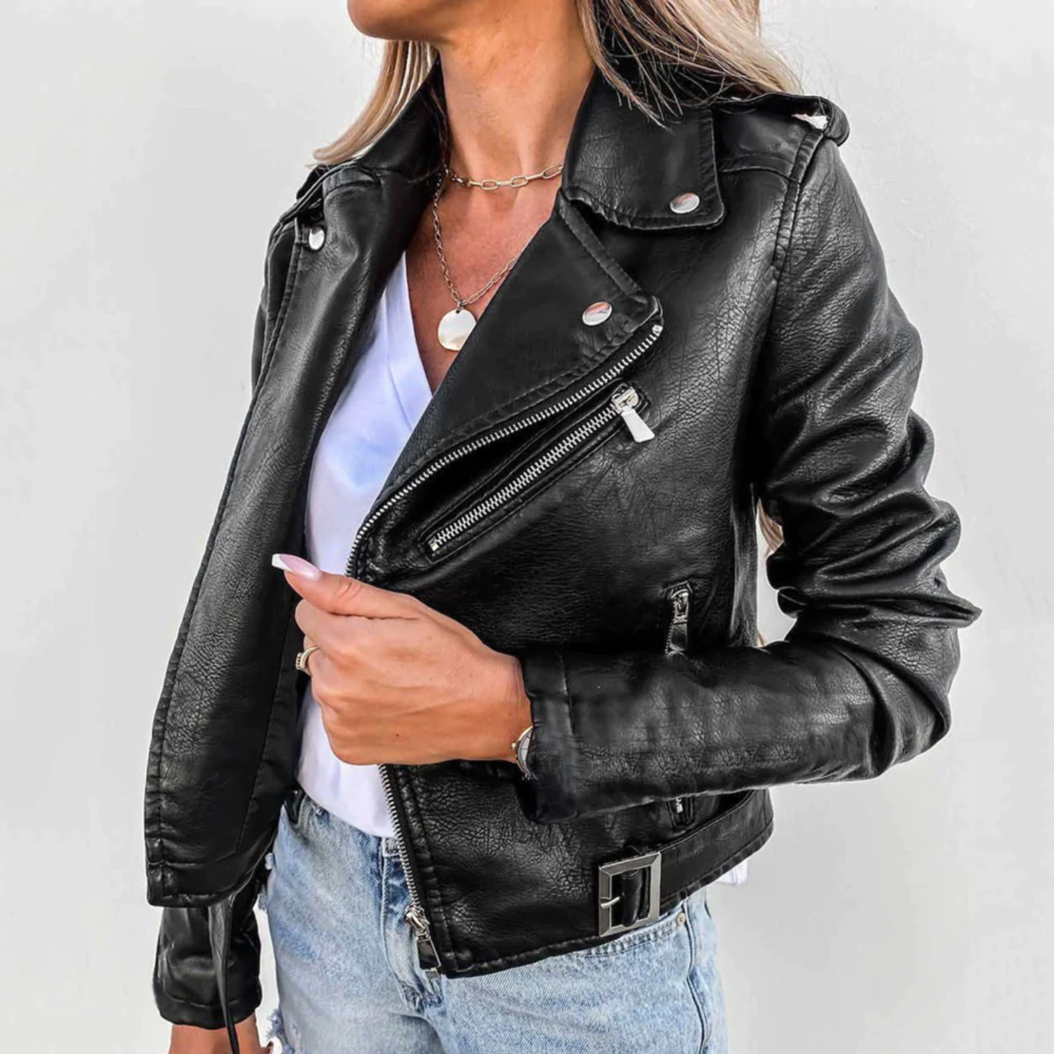 Women's Exquisite Belted Rider Jacket with Multiple Zipper Pockets and Stand-Up Collar