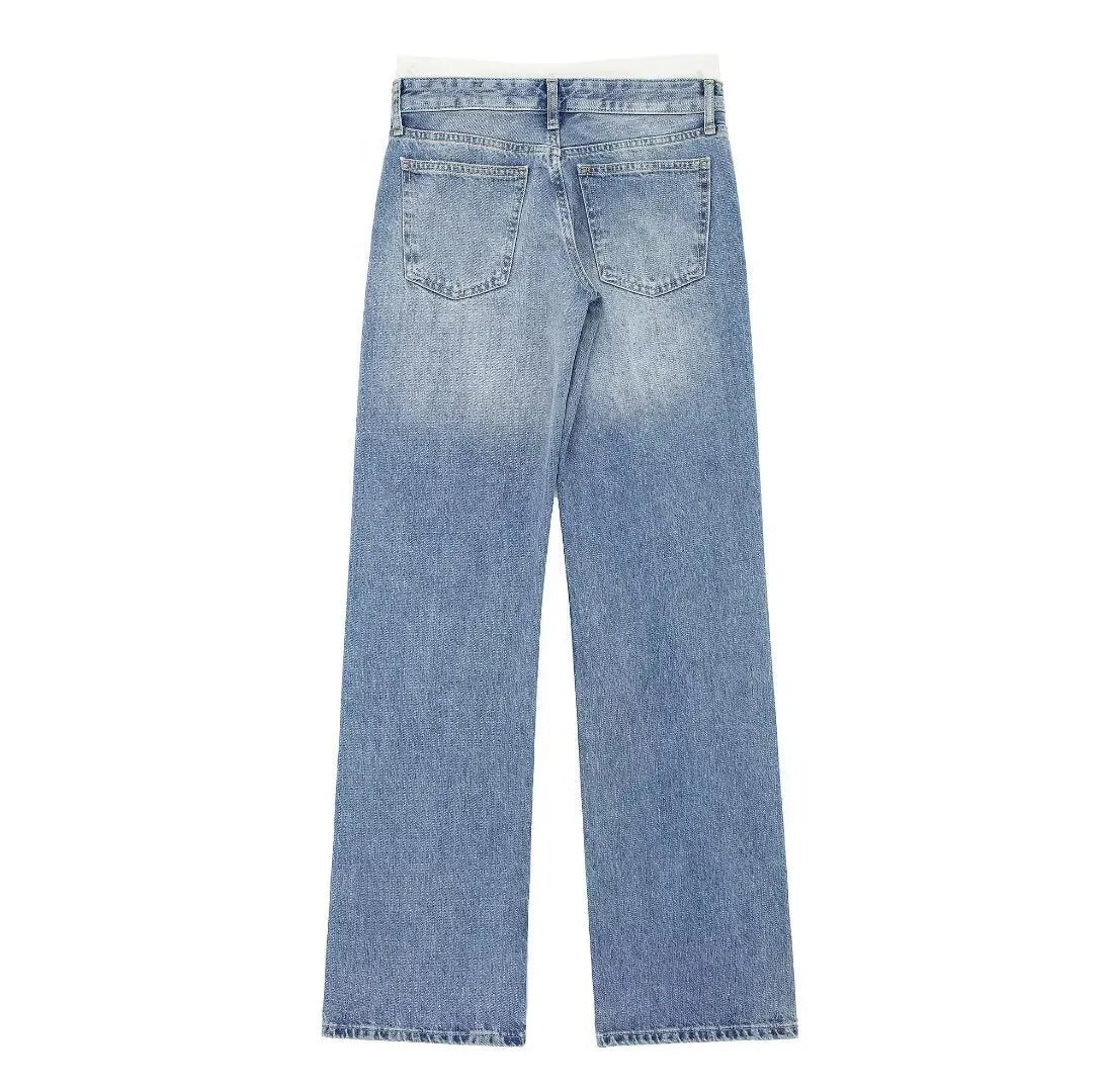 Women’s Retro Mid‑Waist Straight‑Leg Jeans with Lace‑Up
