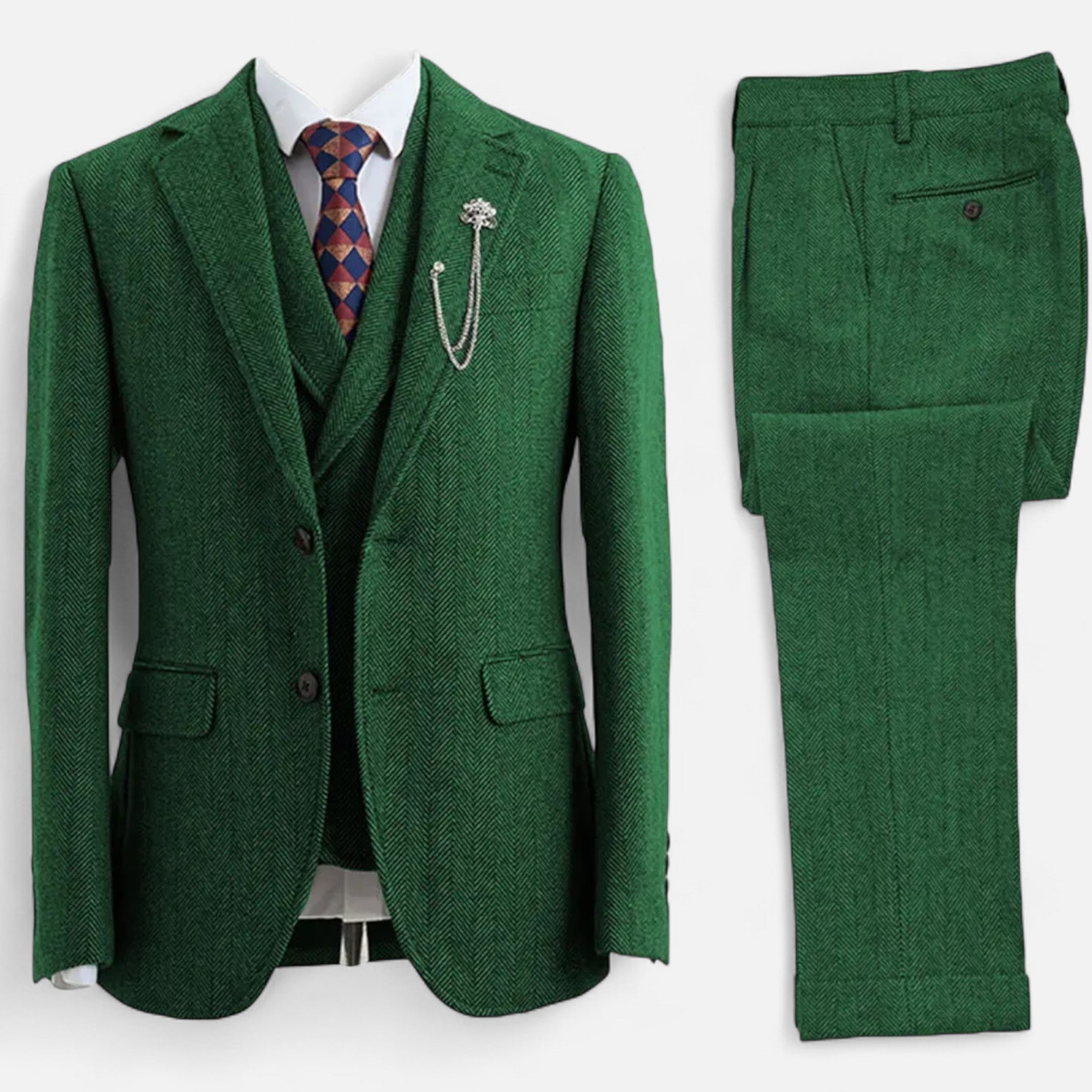 Men’s Tweed Herringbone Formal Business Suit - Complete 3-Pieces Set