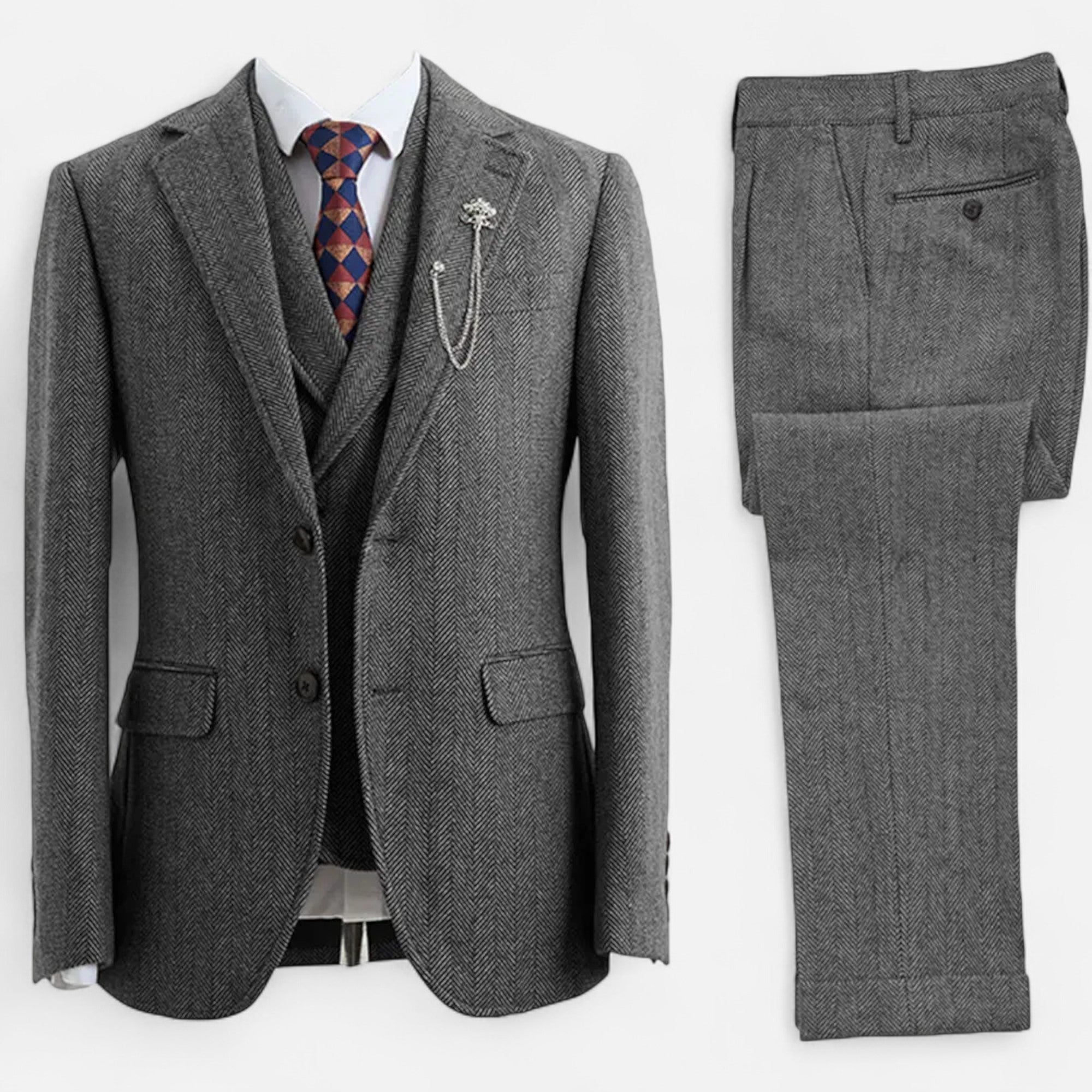 Men’s Tweed Herringbone Formal Business Suit - Complete 3-Pieces Set