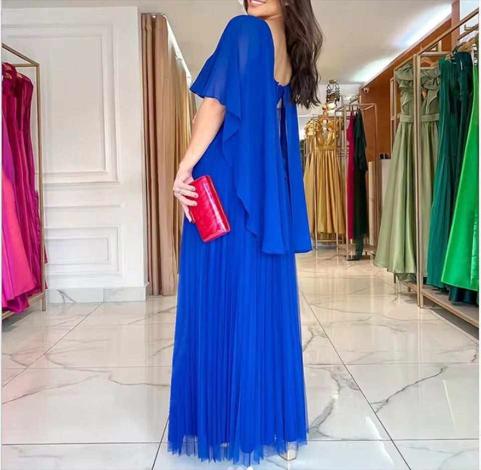 Exquisite Formal Elegant Flowing Pleated Cape Evening Dress for Women