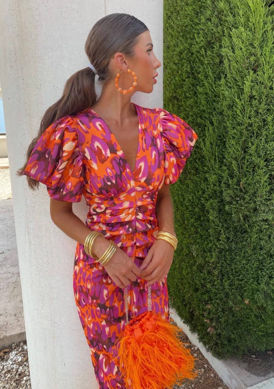 Women’s Captivating Vibrant Wrap Puff Sleeve Evening Dress for All Occasion