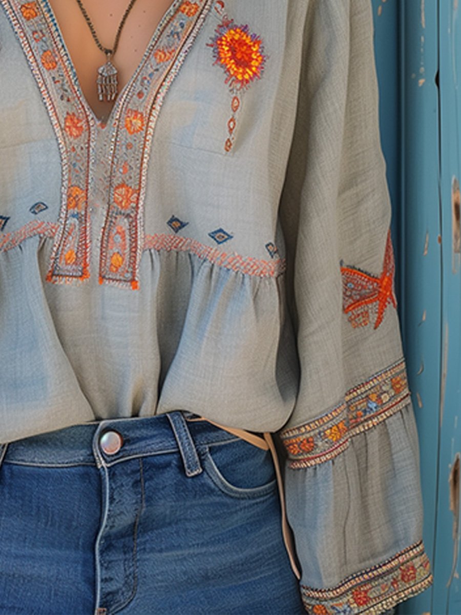 Trendy Festive Summer Airy Embroidery Bohemian Blouse for Women