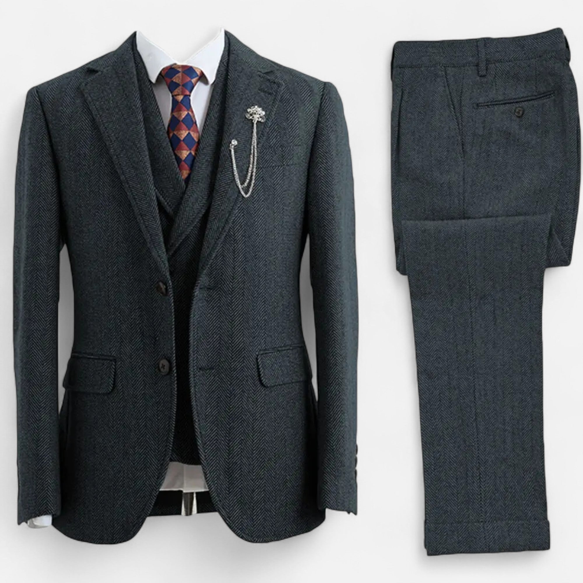 Men’s Tweed Herringbone Formal Business Suit - Complete 3-Pieces Set