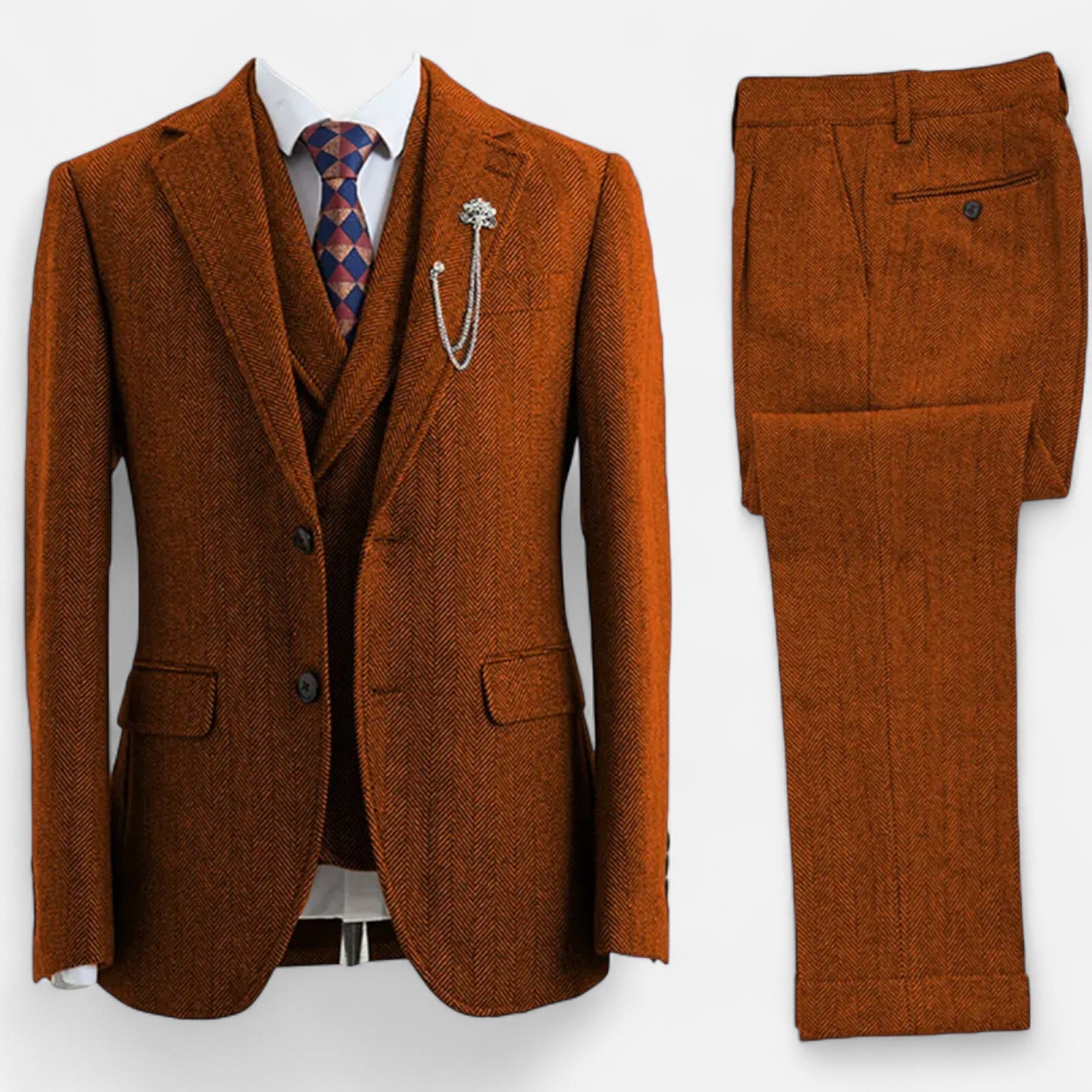 Men’s Tweed Herringbone Formal Business Suit - Complete 3-Pieces Set
