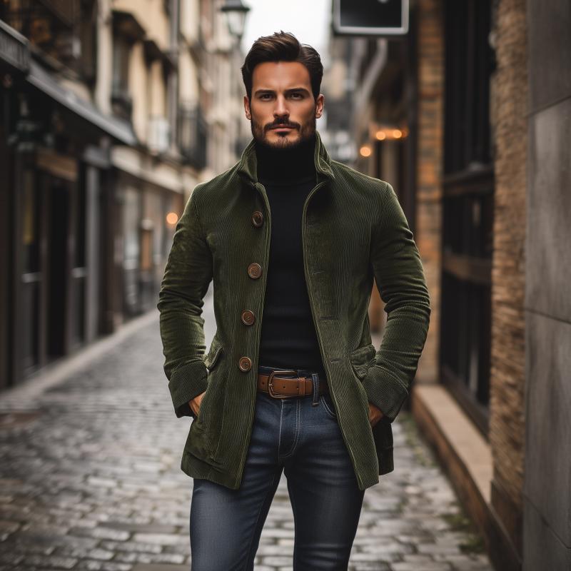 Men's Practical Slim Fit Warm Corduroy Coat with Stand-Up Collar and Side Pockets