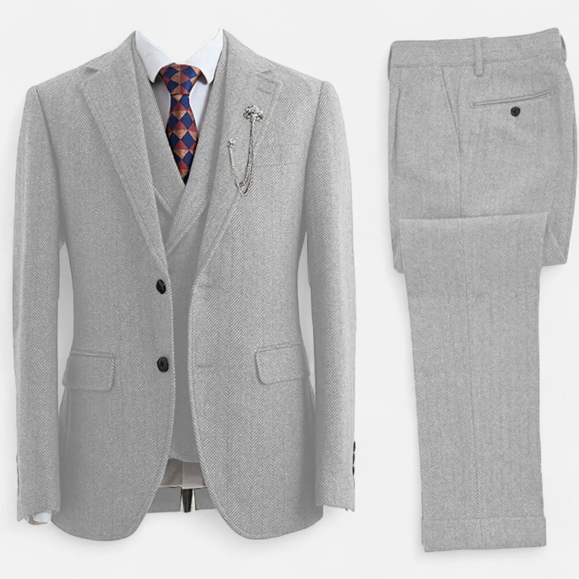 Men’s Tweed Herringbone Formal Business Suit - Complete 3-Pieces Set