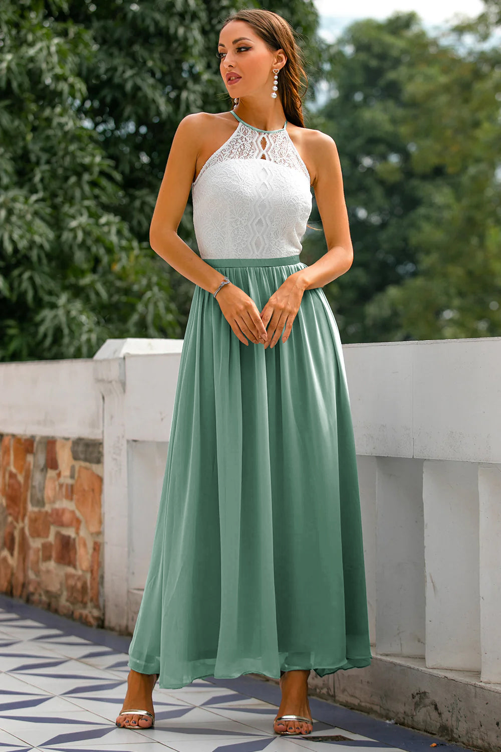 Women's Modern Evening Maxi Wedding Guest Dress with Halter Neckline