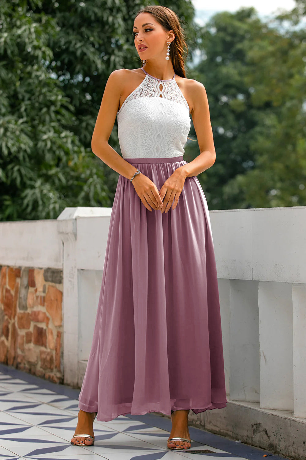 Women's Modern Evening Maxi Wedding Guest Dress with Halter Neckline
