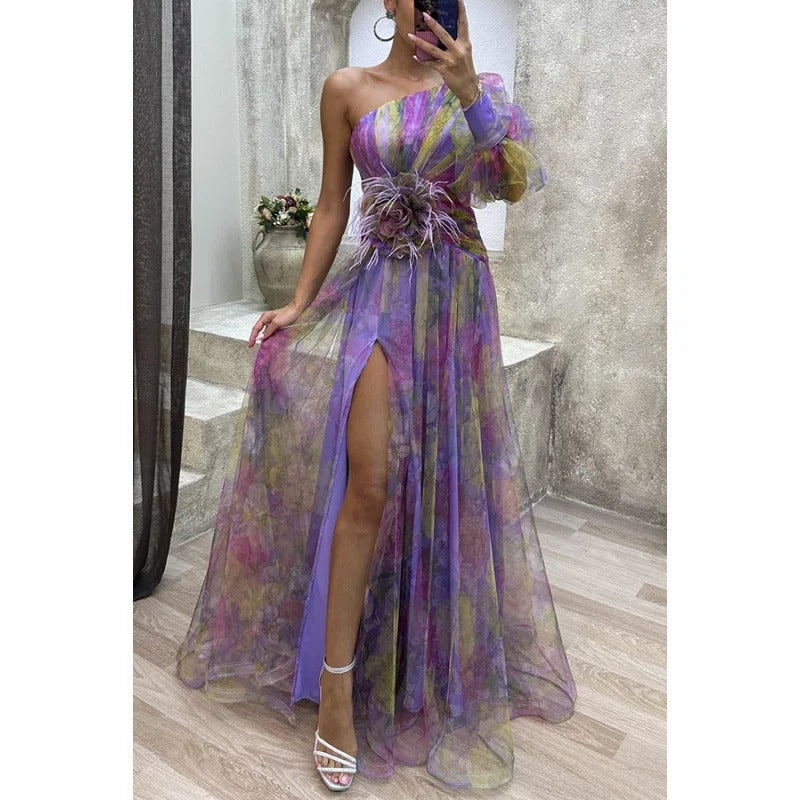 Women's Sunset Asymmetrical Slit Gown Maxi Dress in Sheer Floral Design