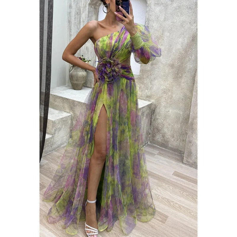 Women's Sunset Asymmetrical Slit Gown Maxi Dress in Sheer Floral Design